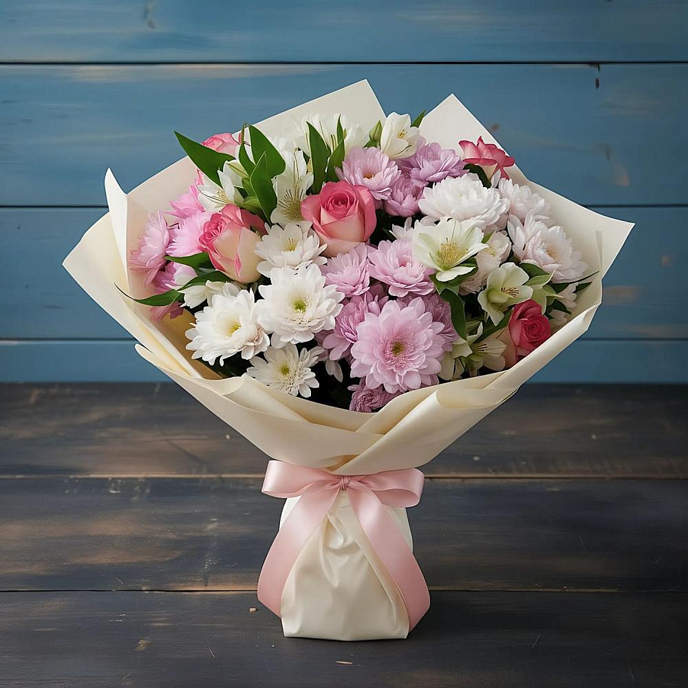 Букет цветов из: Хризантемы, Альстромерии и Розы в Первоуральске